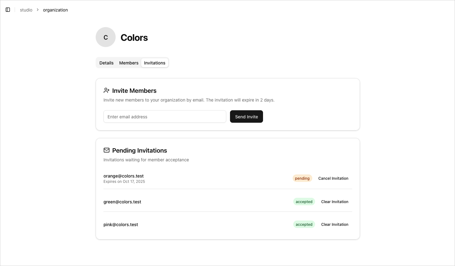 Invitations: interface screenshot