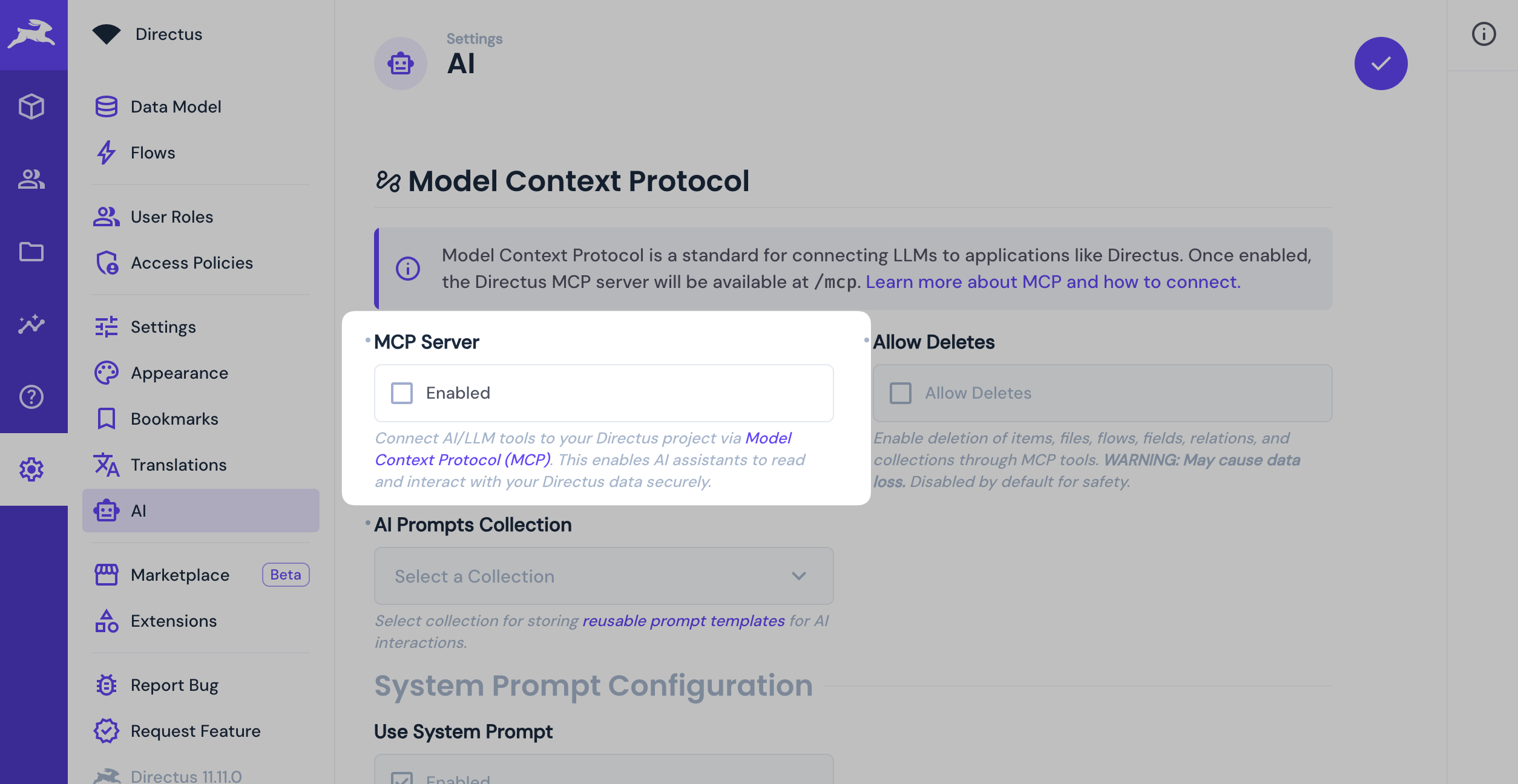 Configuration du MCP dans Directus