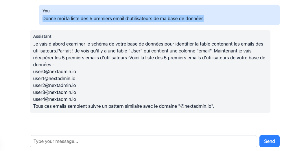 liste des 5 premiers email d'utilisateurs de ma base de données
